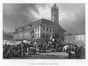 Olomouc – horní náměstí – oceloryt z Meyers Universum (kolem 1850)