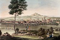 Doubravská Hora a Teplice na obraze Karla Postla podle L. Janschy, kolorovaný lept (kolem 1800)