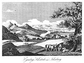 Egerberk, Klášterec nad Ohří a Felixburk – J. Fark podle E. Kutschery, z díla F. A. Hebera (kolem 1845)