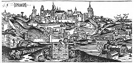 Pražský hrad – nejstarší vyobrazení z Schedelovy kroniky (1494) před vladislavskou přestavbou