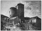 Týnec nad Sázavou – jádro hradu koncem 19. stol., kresba V. Jansy
