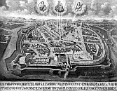 Opava – Požární obraz města od neznámého autora (1689), zámek vlevo dole