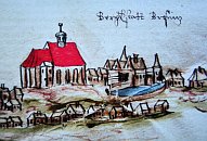 Přísečnice – kostel s tvrzí na výřezu z kresby M. Ornyse (1591)